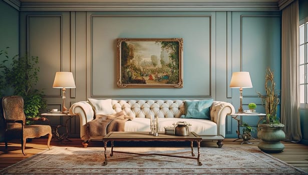 Living room interior in baroque style. Generative AI. High quality photo