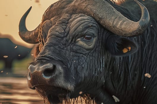 A buffalo drinks water at a watering hole, close-up. Generative AI. High quality photo