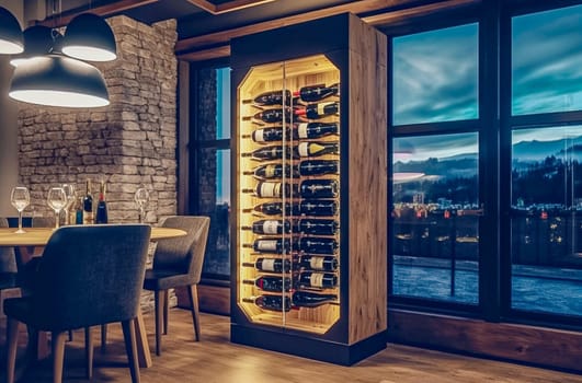 Wine rack in a restaurant. Generative AI. High quality photo