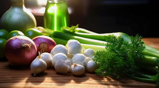 Raw onion, garlic and parsley on a wooden table. Generative AI. High quality photo