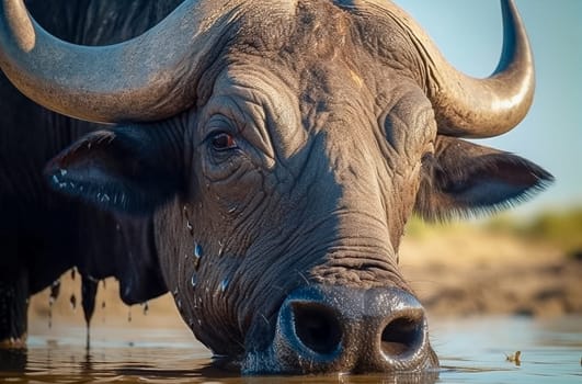A buffalo drinks water at a watering hole, close-up. Generative AI. High quality photo