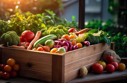 Wooden box full of vegetables. Harvest cucumbers, peppers, zucchini, cabbage, tomatoes. Generative AI High quality photo