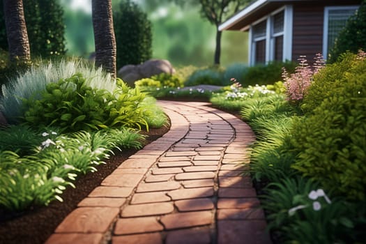 Clinker brick path to the house, landscaping. Generative AI. High quality illustration