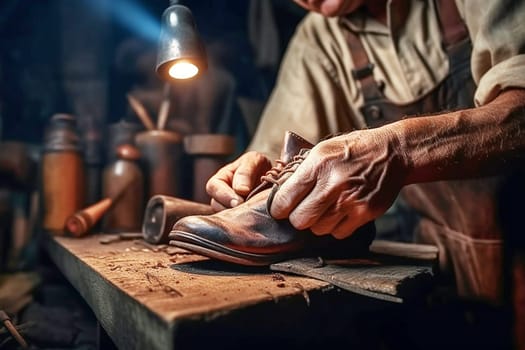 Shoemaker repairs shoes in the workshop. Close-up. Generative AI. High quality illustration