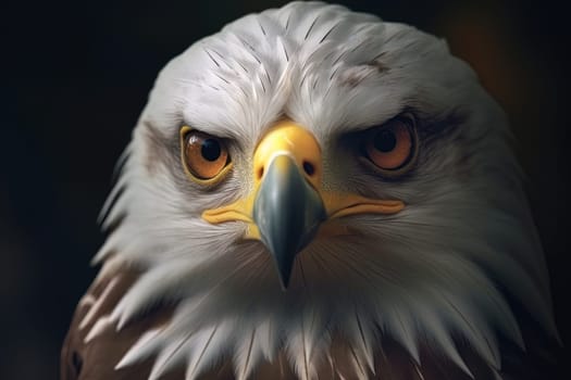 Portrait of a white-headed eagle, white head, yellow beak, looking at the camera. Generative AI.