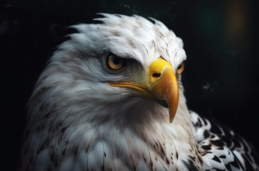Portrait of a white-headed eagle, white head, yellow beak, looking at the camera. Generative AI.