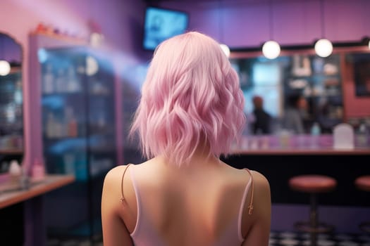 A girl with pink hair stands at the counter in a beauty salon. Generative AI. High quality illustration