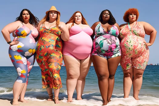 Several fat women of different races in bathing suits on the beach. Generative Artificial Intelligence. High quality illustration