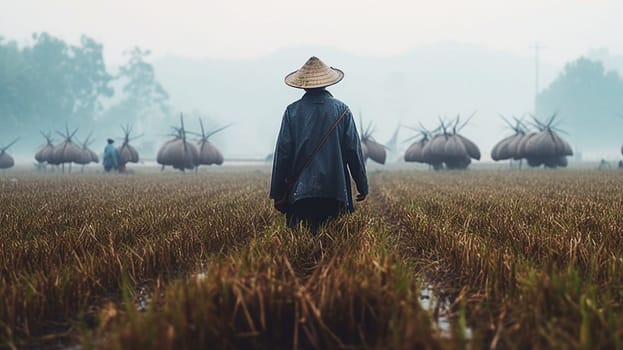A man in a wide-brimmed hat walks through a rice field, rear view. Generative AI. High quality illustration