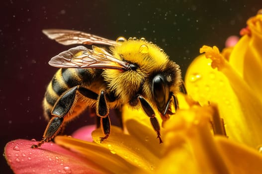 A bumblebee collects nectar on a flower, it's time to bloom, close-up. Generative AI. High quality illustration