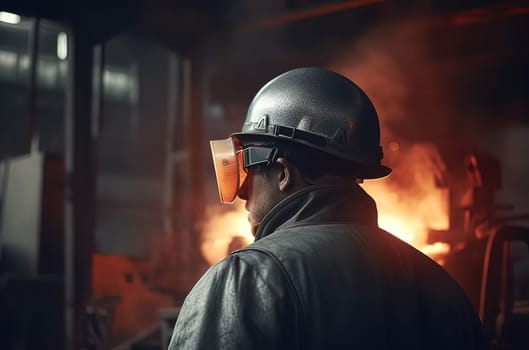 A steelmaker in a helmet at a metallurgical furnace watches hot steel pour out of it. Generative AI. High quality illustration