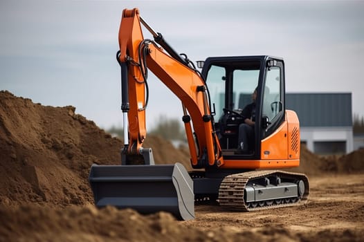 A minitractor rakes the earth with a bucket. Land works. Generative AI