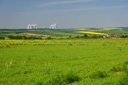 Dukovany nuclear power plant.
Blooming meadows and fields, beautiful spring landscape in the Czech Republic.