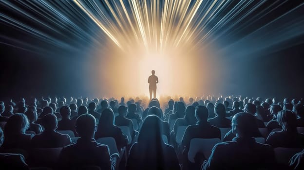 performance on stage in front of an audience, seminar with teaching and lecture. the lecturer is giving a speech in front of a large number of people, made with Generative AI. High quality illustration