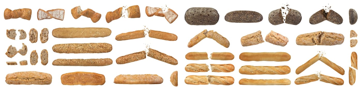 Many different loaves of bread, different varieties and shapes isolated on a white background. Full size loaves of bread, cut into slices or broken apart. Bread isolate for inserting into design