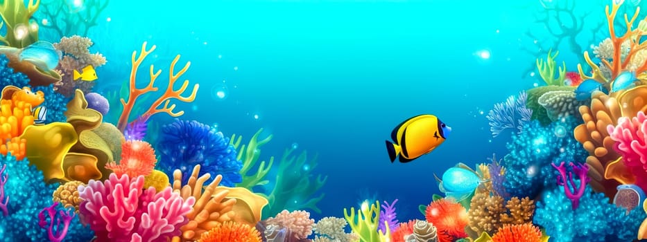 aquarium, colorful underwater world with fish and plants, banner with copy space, made with Generative AI. High quality illustration