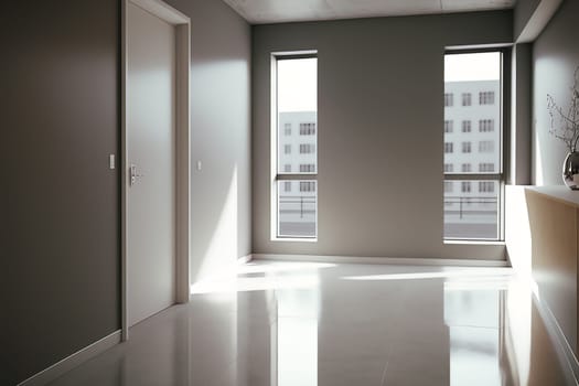 Modern interior of an empty light gray room with two windows and a shelf with a vase and dry decorative branches. Ai generative