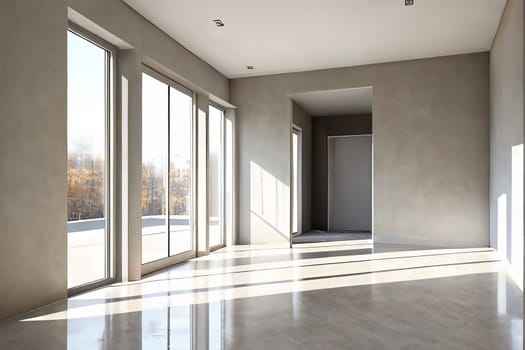 interior of an empty room with large windows, sunlight penetrates into the room. Ai generative