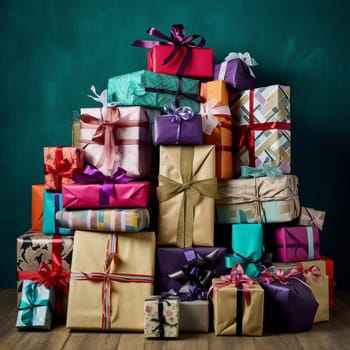 pile of wrapped christmas gifts, generative AI. High quality photo