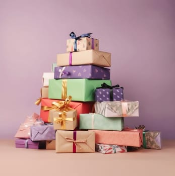 pile of wrapped christmas gifts, generative AI. High quality photo