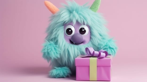 fluffy monster with wrapped gift box, generative AI. High quality photo