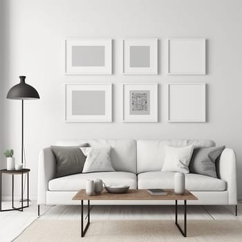 stylish living room interior with frames on the wall, generative AI. High quality photo