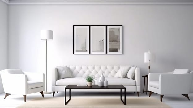 stylish living room interior with frames on the wall, generative AI. High quality photo