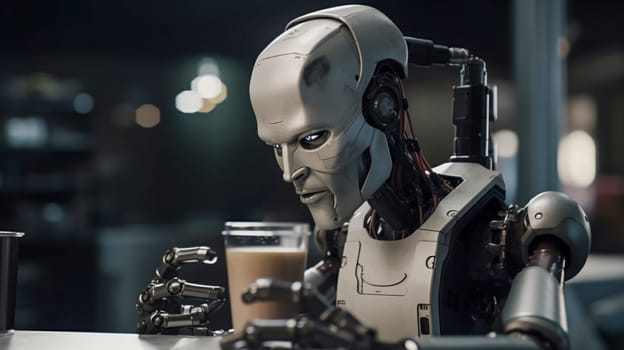 robot looking at a glass of coffee, generative AI. High quality photo