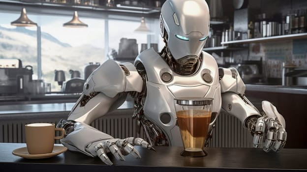 robot looking at a glass of coffee, generative AI. High quality photo