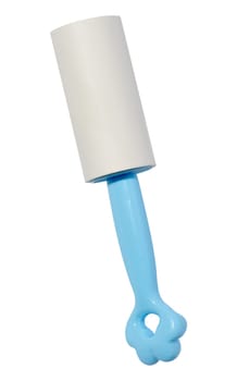 Roller with sticky tape for cleaning clothes on a white background, top view