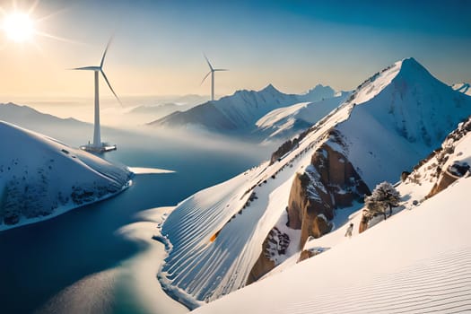 Panoramic view of wind farm or wind park, with high wind turbines for generation electricity with copy space. Green energy concept. Generative AI