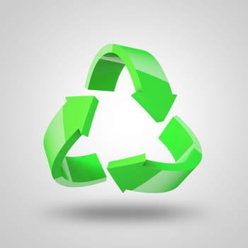 Green, arrows and icon for recycling, ecology or sustainability to save the planet against a white studio background. Arrow forming triangle shape, graphic or symbol for reuse, reduce or recycle.