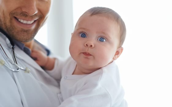 Funny, face and baby with pediatrician in hospital for medical support and growth in portrait. Cute newborn kid, pediatrics doctor and healthcare service, expert consulting and clinic for children.
