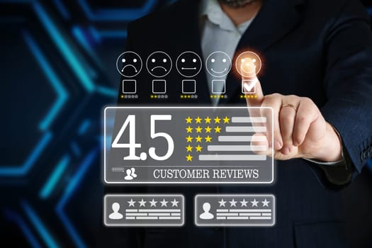 Testimonials from successful businessman. Businessman using digital device for feedback review satisfaction service. Customer review good rating concept. business satisfaction survey and testimonial.