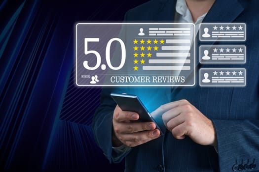 Testimonials from successful businessman. Businessman using digital device for feedback review satisfaction service. Customer review good rating concept. business satisfaction survey and testimonial.