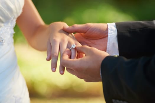Closeup, wedding and hands with a ring, love ceremony and commitment with partnership, religious ritual and marriage. Zoom, couple or bride with groom, jewellery or relationship with romance or trust.