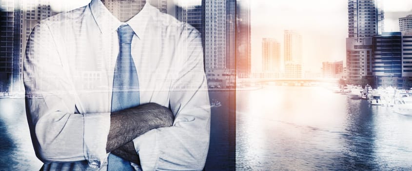 Business man, double exposure and arms crossed by buildings for mockup space, career or 3d overlay at job. Businessman, holographic cityscape or metro skyline in workplace with lens flare for mock up.