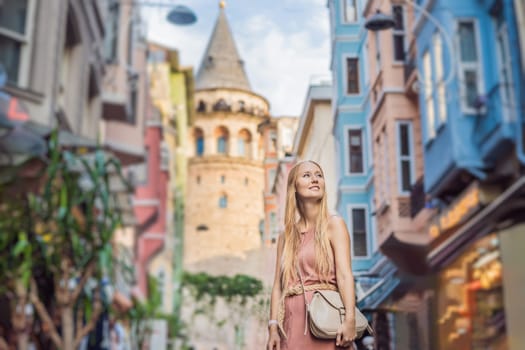 Portrait of beautiful woman tourist with view of Galata tower in Beyoglu, Istanbul, Turkey. Turkiye.