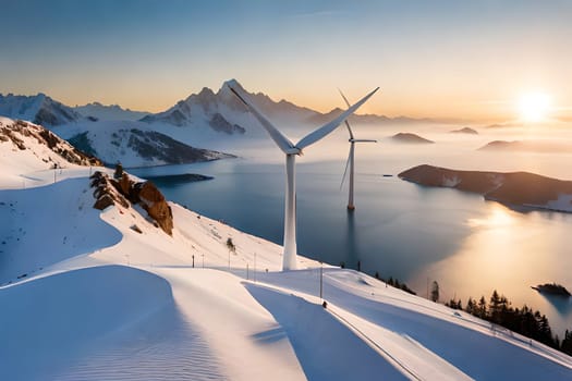 Panoramic view of wind farm or wind park, with high wind turbines for generation electricity with copy space. Green energy concept. Generative AI