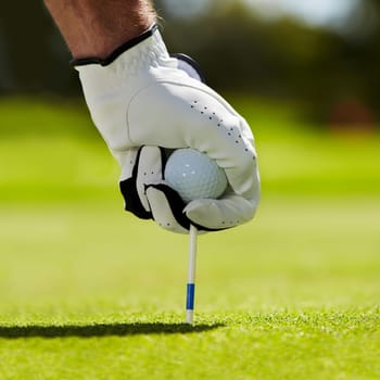 Ball, tee and hands of man on golf course for contest, competition challenge and target training. Closeup, grass lawn and golfer gloves with pin in ground for action, games and sports gear on field.