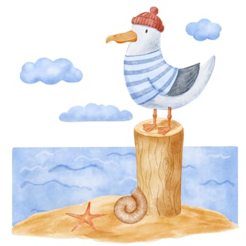 Cute seagull character with sailor red hat and striped sailor's vest on log isolated on white. Watercolor nautical illustration for card. Seabird on seashore.