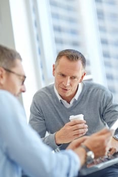 Teamwork, planning and business people with tablet for company growth, talking and financial review. Research, coffee or corporate employee men in office for collaboration on digital technology.