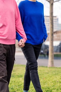 two unrecognizable people walking together holding hands in a park, concept of bonding and love, copy space for text