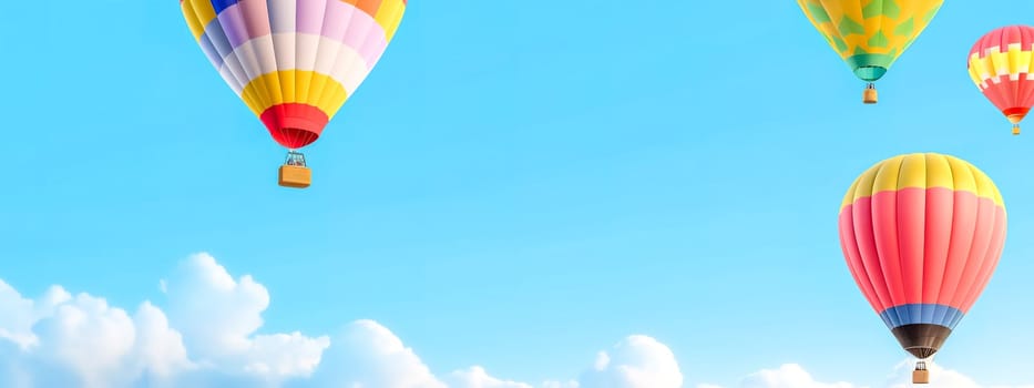 colorful hot air balloon in blue sky, banner with copy space, made with Generative AI. High quality illustration