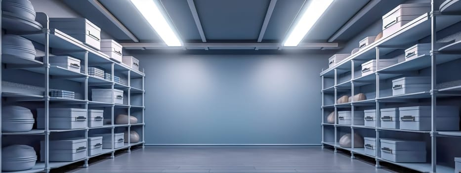 empty room with cupboards and storage space, stock, banner, made with Generative AI. High quality illustration