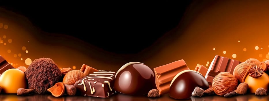 variations of chocolate candies of different types and flavors, banner, made with Generative AI. High quality illustration