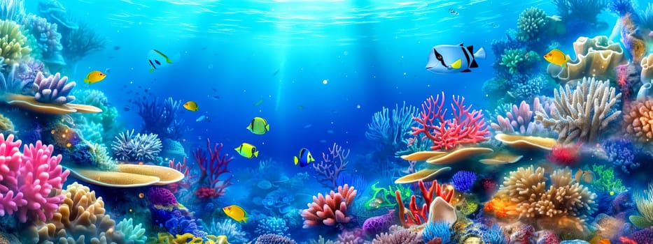 aquarium, colorful underwater world with fish and plants, banner with copy space, made with Generative AI. High quality illustration