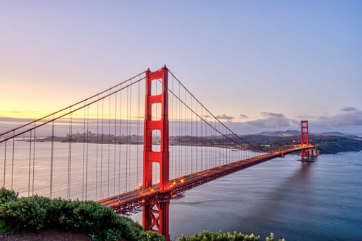 The famous Golden Gate Bridge in San Francisco at dawn