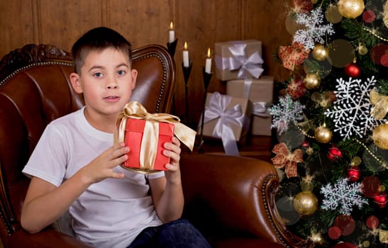 Christmas Kids. Happy Children Opening Gifts. New Year. Christmas Tree