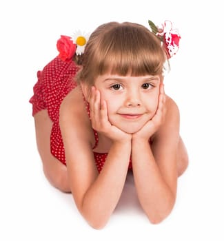 Portrait of a little blond girl above white background